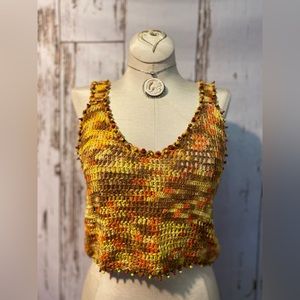 Crochet tank top. Orange, yellow, taupe. 100% cotton. S/M